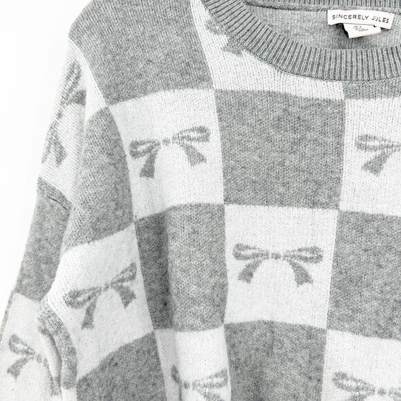 Sincerely Jules Womens Fall Bow Checkered Crewneck Knit Sweater Size L Gray - Picture 5 of 8